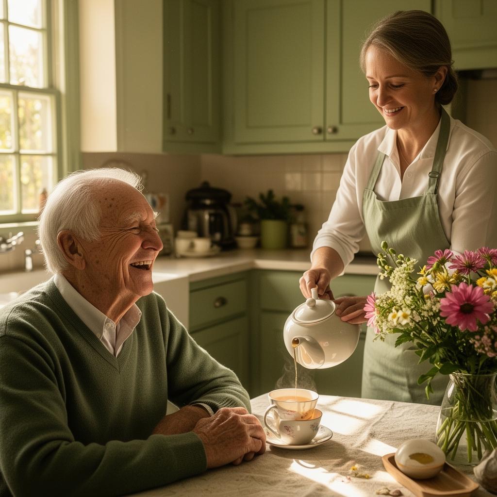 An elderly man laughing with his caregiver over tea in a sunlit kitchen