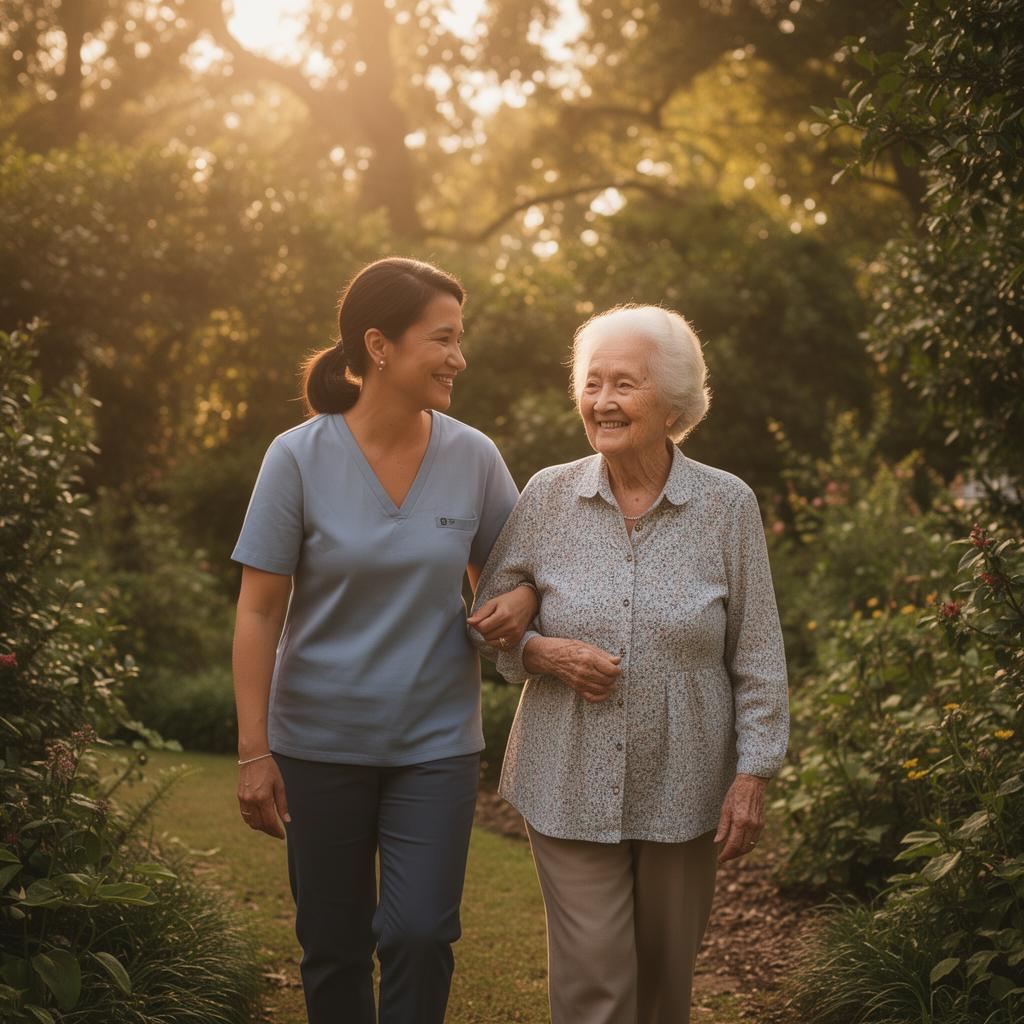 Caregiver walking arm in arm with an elderly woman through a sunlit garden